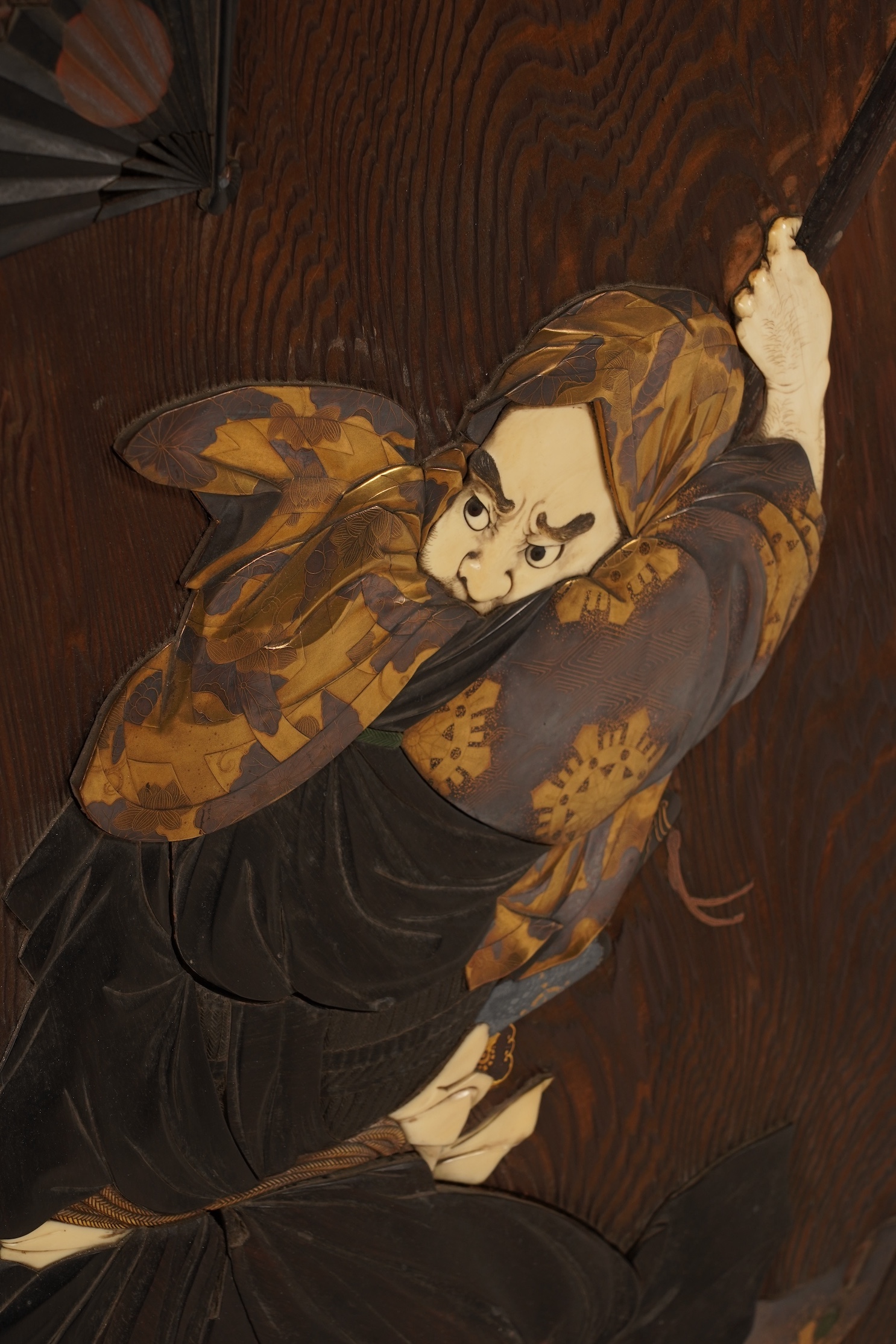 A Japanese inlaid persimmon wood tsuitate screen panel, Meiji period, possibly Tokyo School